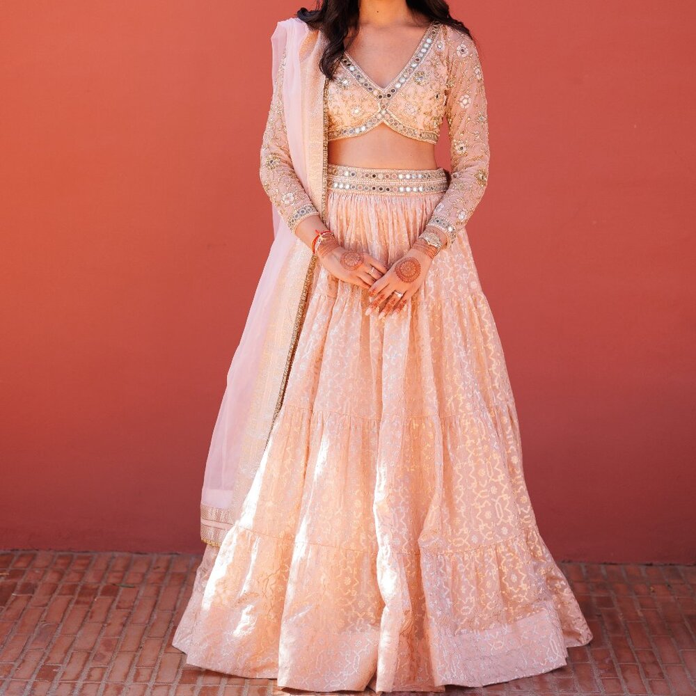 Neha Khullar Chanderi Silk Embroidered Lehenga Set: Customized in PEACH - Picture 5 of 8